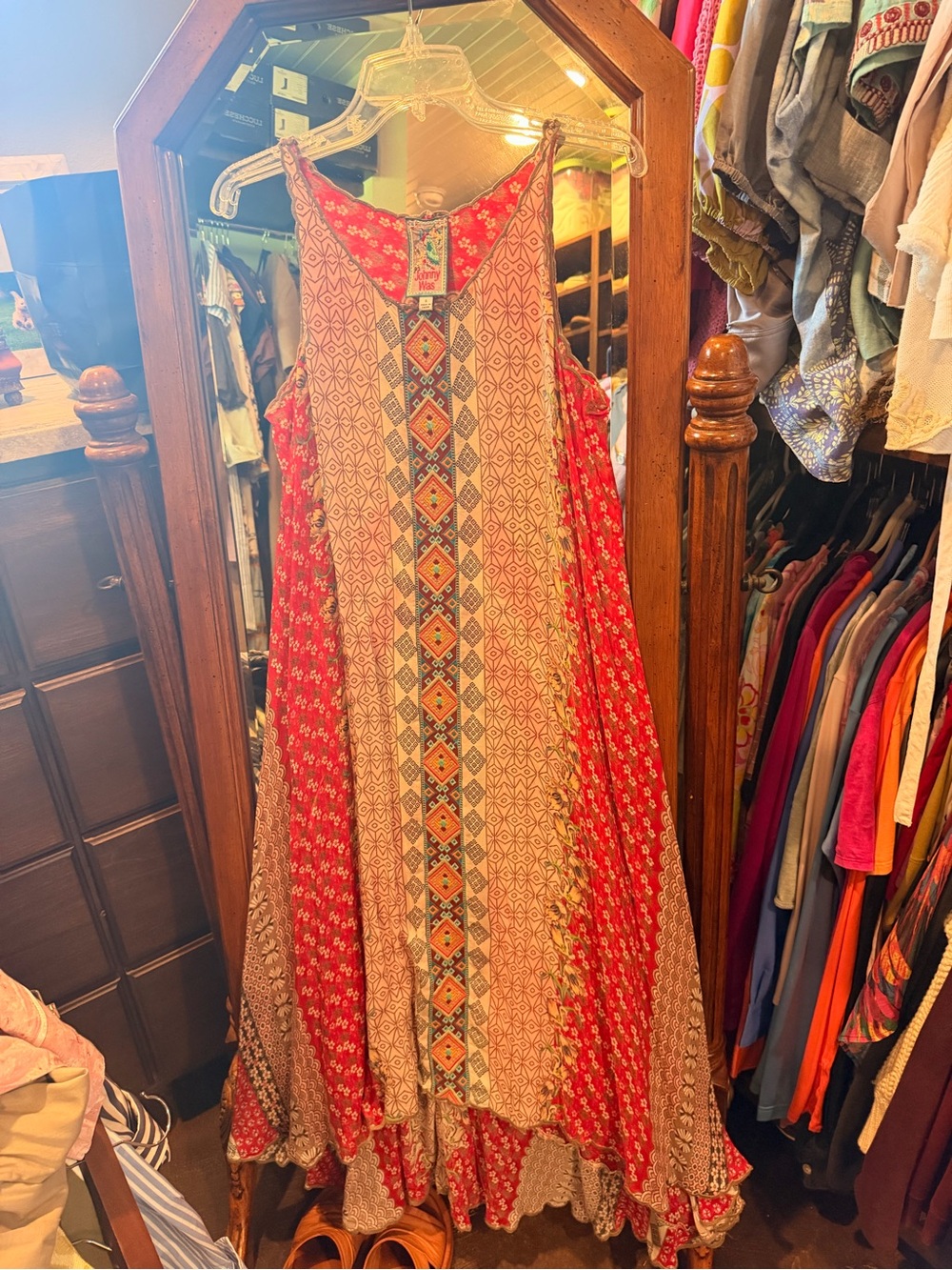 Johnny Was Red & Cream Boho Maxi Dress with Geometric Panel